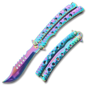 Top Serrated Swift Titanium  Balisong  Two-Tone Titanium Coated Butterly Knife Curved Blade