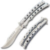 Serrated Swift Silver Handle  Balisong Silver Blade Coated Butterly Knife Curved Blade
