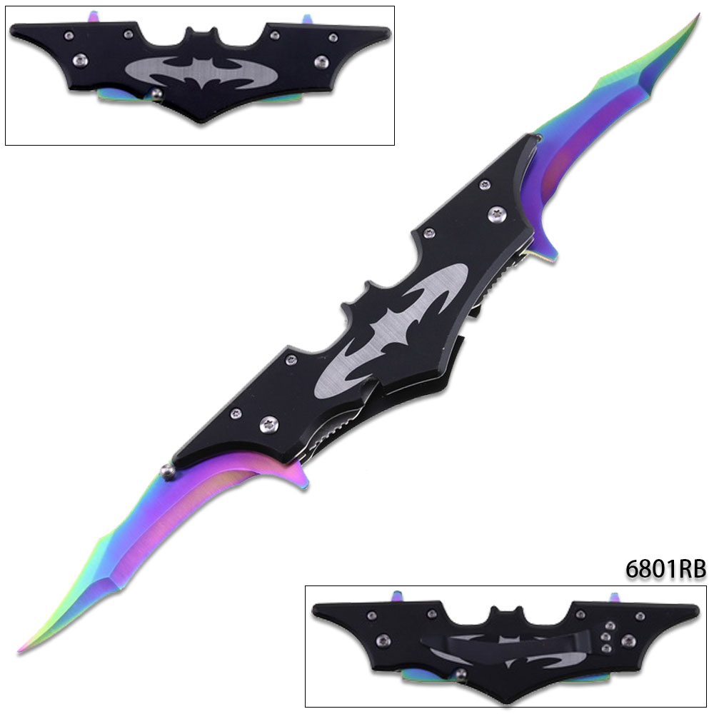 Double Bladed Spring Assisted Black Bat Pocket Knife Rainbow Blade