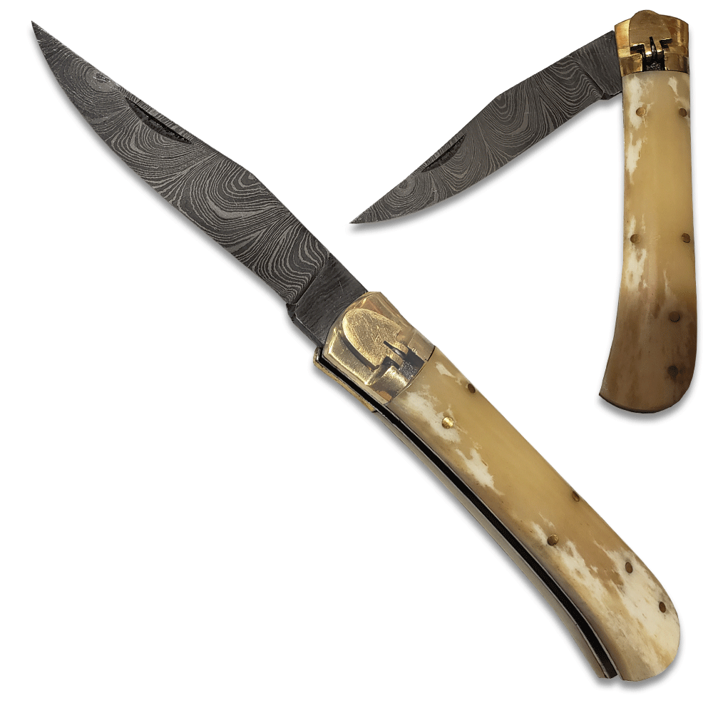 Custom Made Damascus  Lever Lock Auto Knife Bone Handle