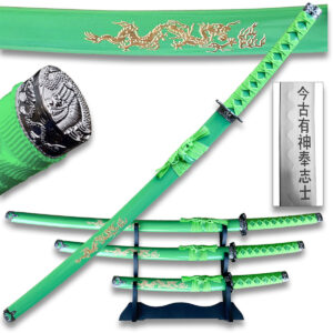 3 pcs Sword Set Green Gold Carver Dragon  Scabbard Set With Stand