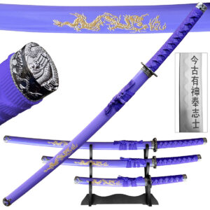 3 pcs Sword Set Purple Gold Carver Dragon  Scabbard Set With Stand