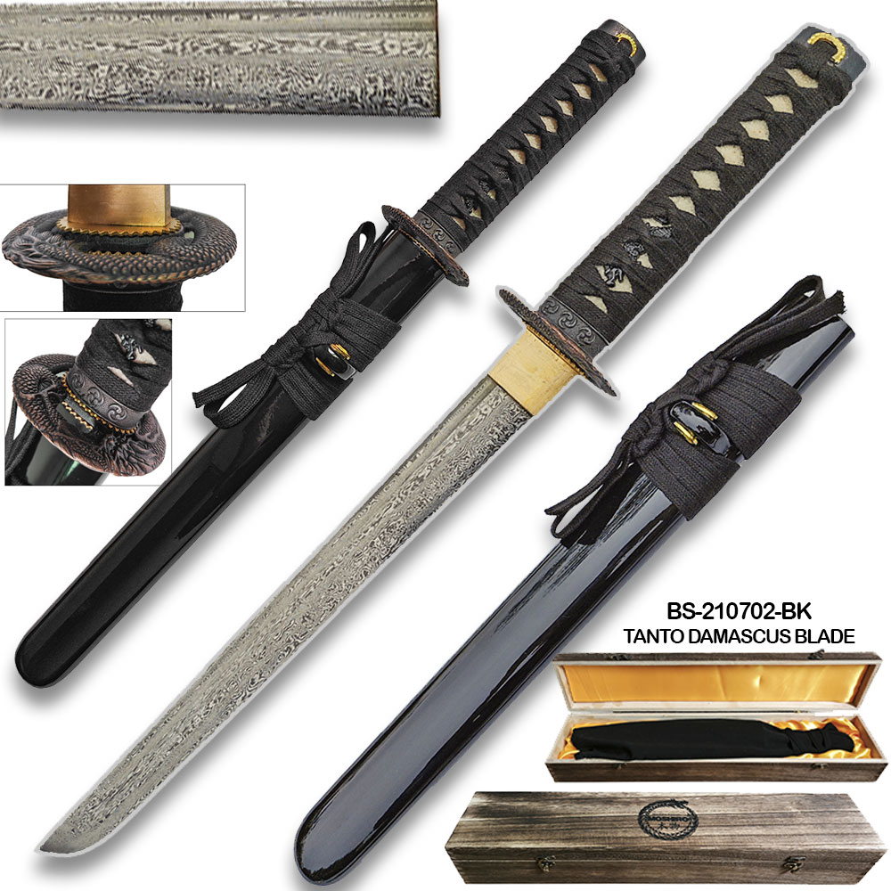 Moshiro Damascus Blade - Folded 1065 Dragon Tsuba Tanto Sword