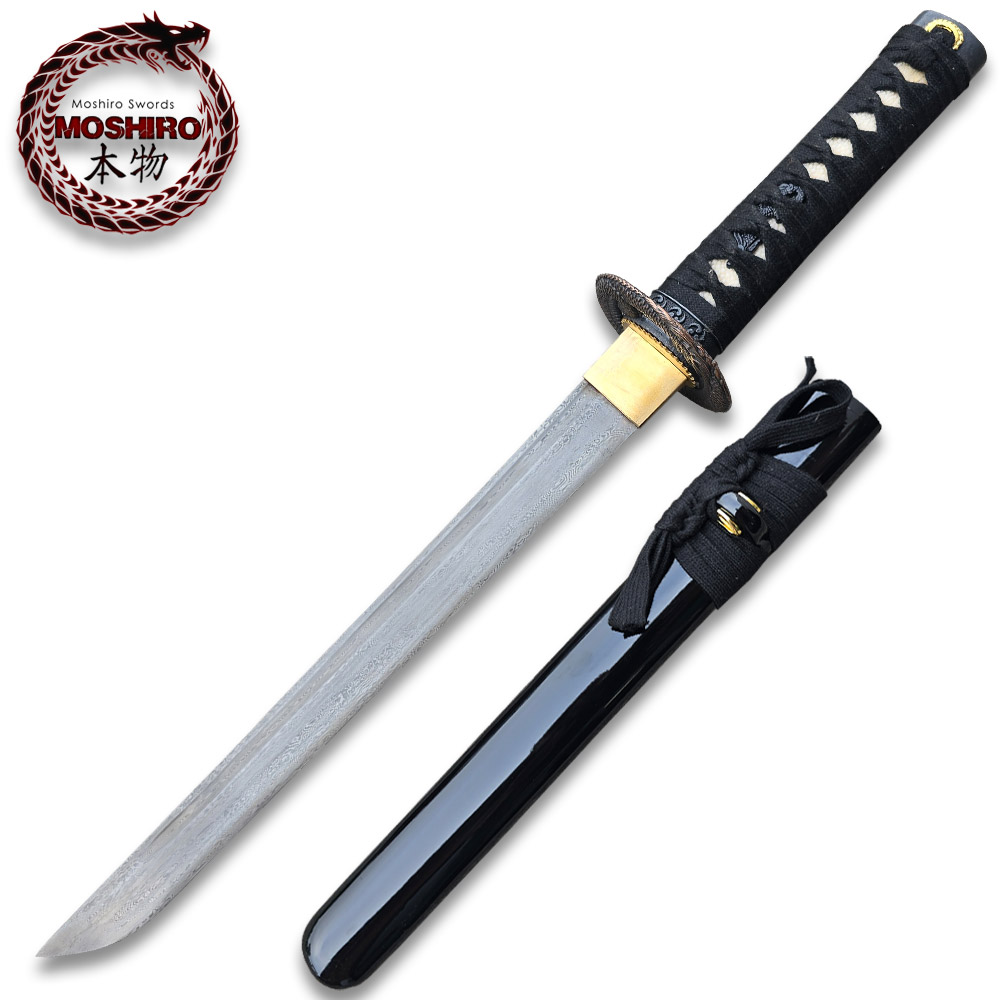 Moshiro Damascus Blade - Folded 1065 Dragon Tsuba Tanto Sword