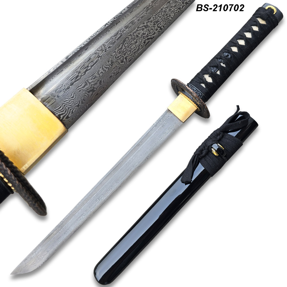 Moshiro Damascus Blade - Folded 1065 Dragon Tsuba Tanto Sword
