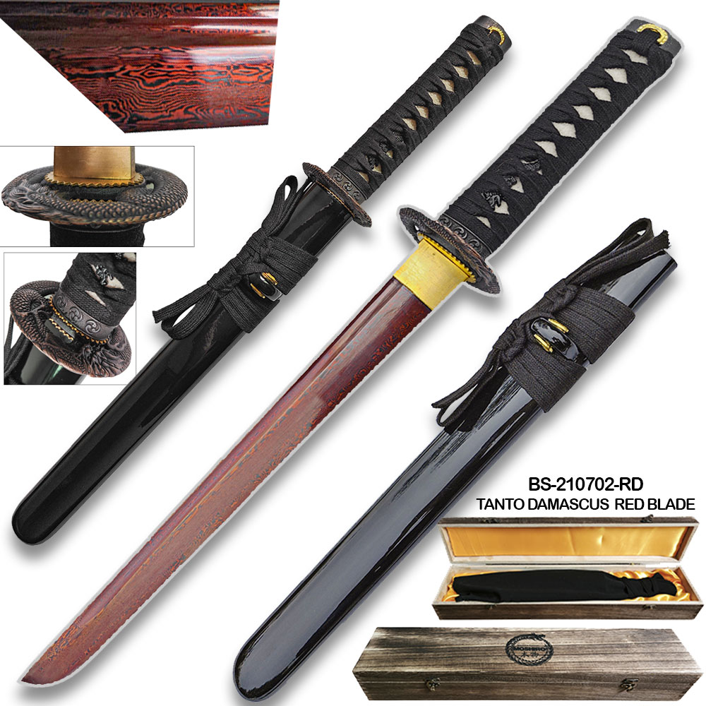 Moshiro Damascus Red Blade - Folded 1065 Dragon Tsuba Tanto Sword