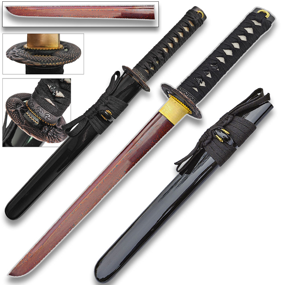 Moshiro Damascus Red Blade - Folded 1065 Dragon Tsuba Tanto Sword