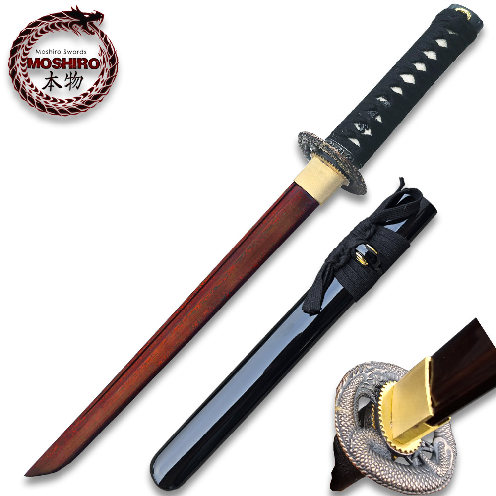 Moshiro Damascus Red Blade - Folded 1065 Dragon Tsuba Tanto Sword