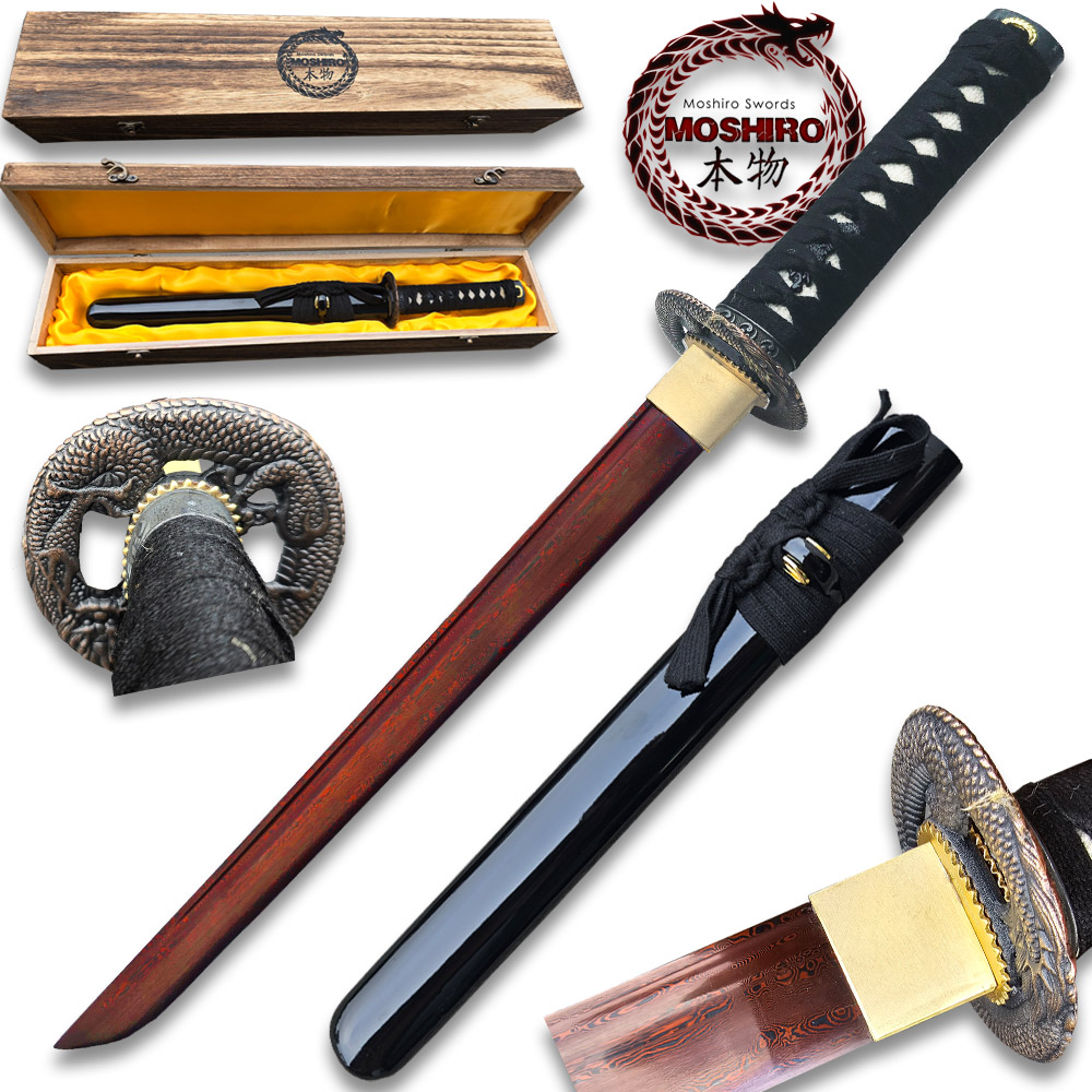 Moshiro Damascus Red Blade - Folded 1065 Dragon Tsuba Tanto Sword