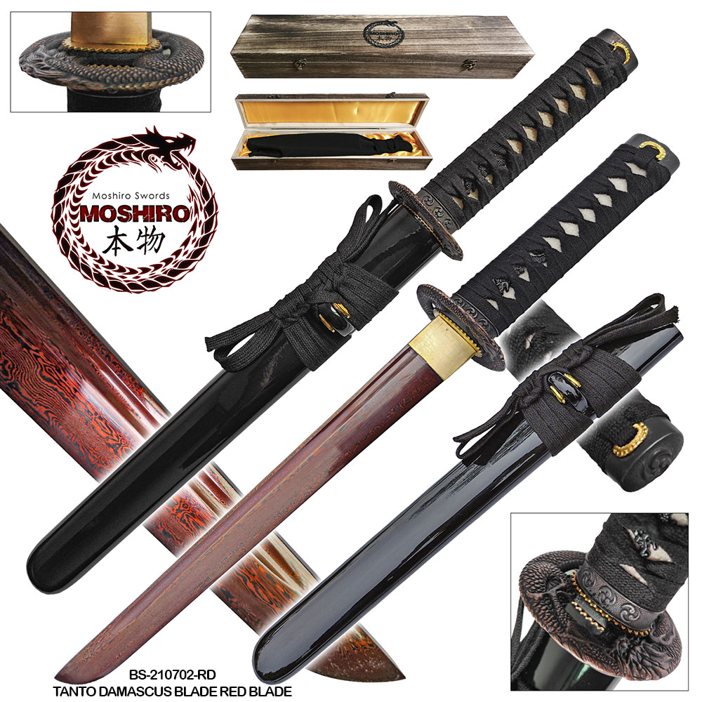 Moshiro Damascus Red Blade - Folded 1065 Dragon Tsuba Tanto Sword
