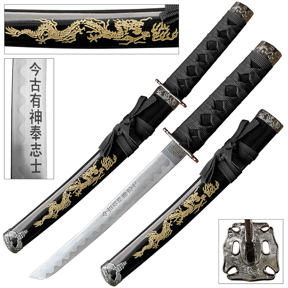 Edge Tanto 21" Sword w/ Gold Dragon Engraved Black Scabbard