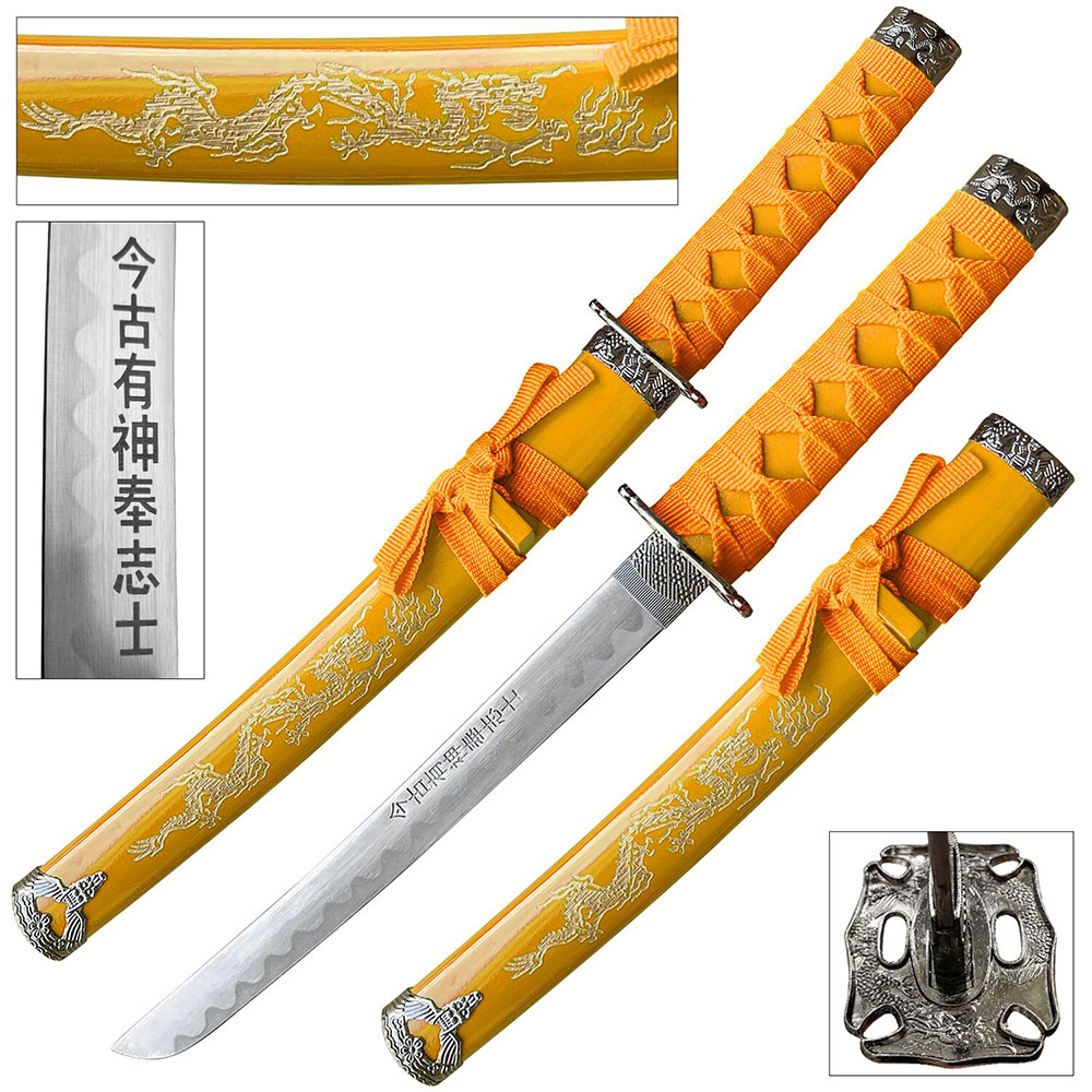 Edge Tanto 21" Sword w/ Gold Dragon Engraved Yellow Scabbard