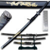 3 Pcs Sword Set Black Carved Gold Dragon Sword Set With Stand