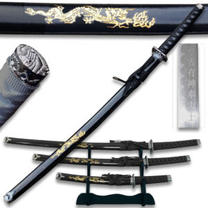 3 Pcs Sword Set Black Carved Gold Dragon Sword Set With Stand