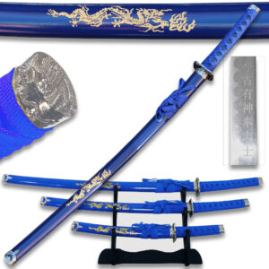 3 pcs Sword Set Blue Carved Gold Dragon Sword Set With Stand