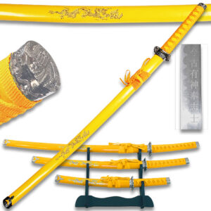 3 pcs Sword Set Yellow Color Carved Gold Dragon Sword Set With Stand