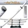 3 Pcs Sword Set White Carved Gold Dragon Sword Set With Stand