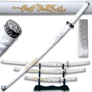3 Pcs Sword Set White Carved Gold Dragon Sword Set With Stand