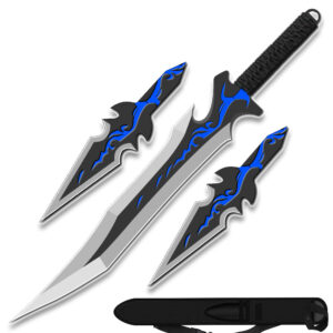 Blue Fantasy Ninja Warrior Sword 26"  W/2 pcs Throwing Knife Set