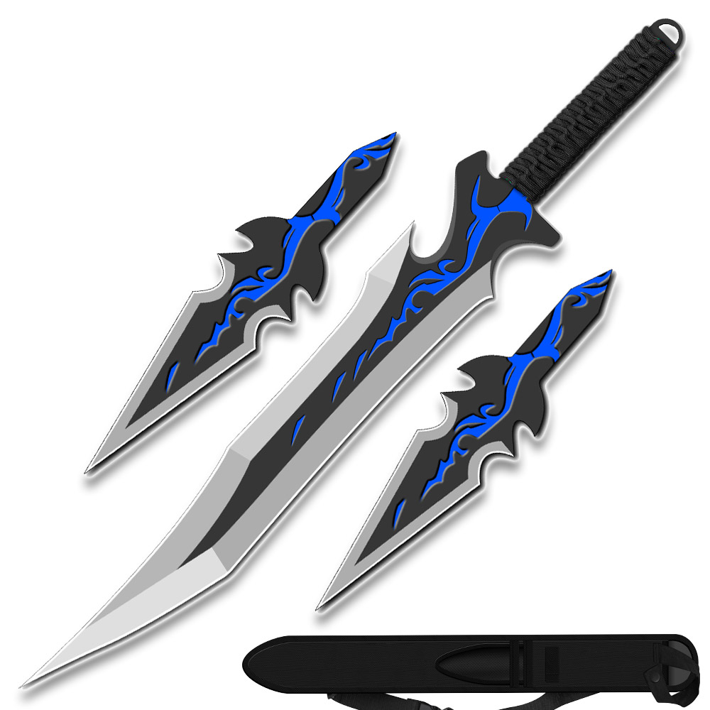 Blue Fantasy Ninja Warrior Sword 26"  W/2 pcs Throwing Knife Set