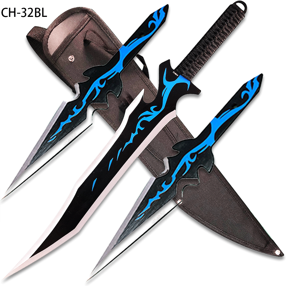 Blue Fantasy Ninja Warrior Sword 26"  W/2 pcs Throwing Knife Set