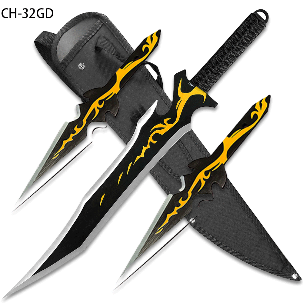 Gold Fantasy Ninja Warrior Sword 26"  W/2 pcs Throwing Knife Set