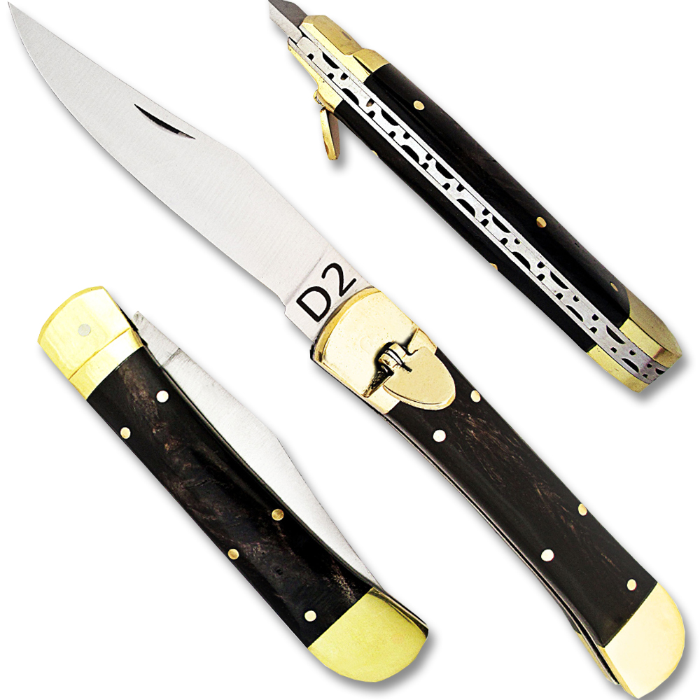 D 2 Steel  Lever Lock Auto Knife  Buffalo Horn Handle