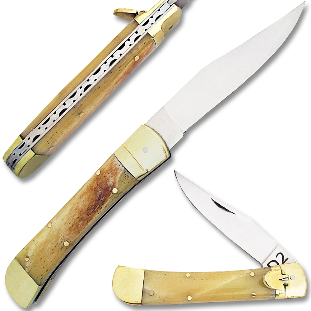 D 2 Steel  Lever Lock Auto Knife  Bone Handle