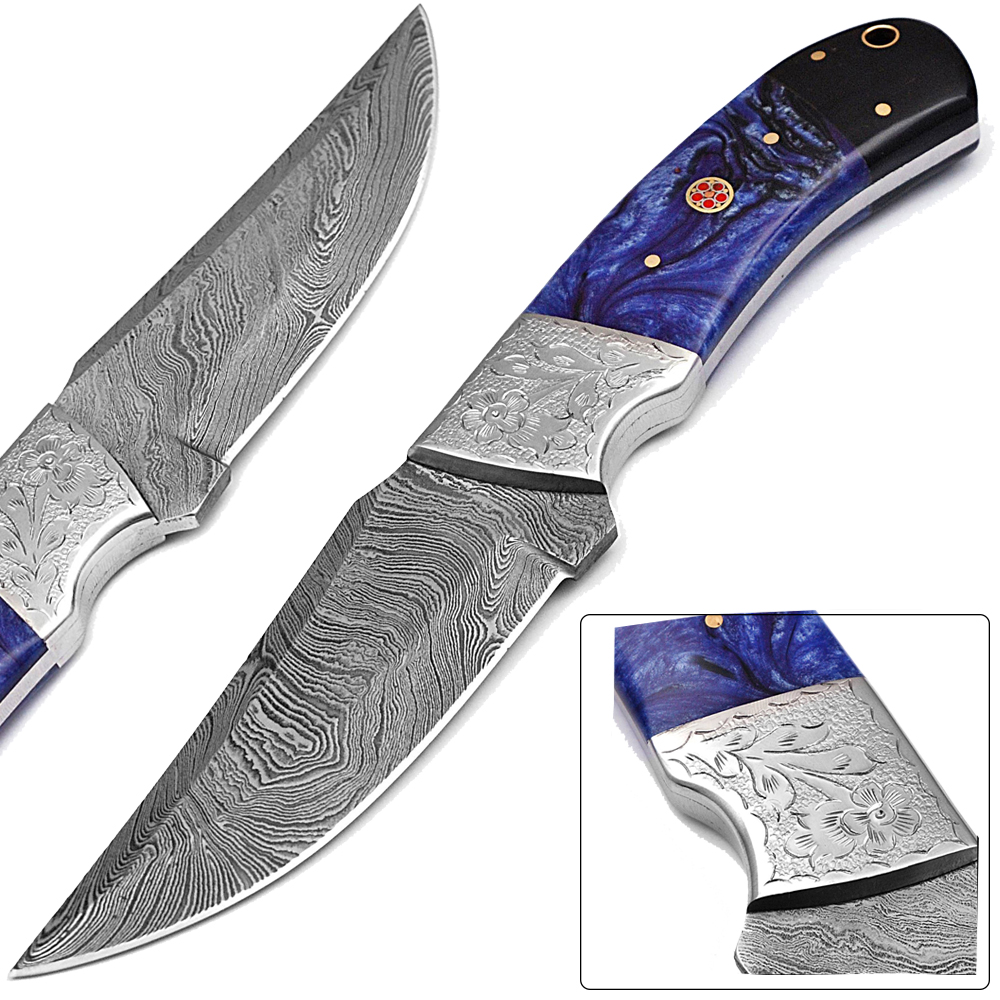 WHITE DEER Damascus Steel Knife Black & Blue Buffalo Horn Handle