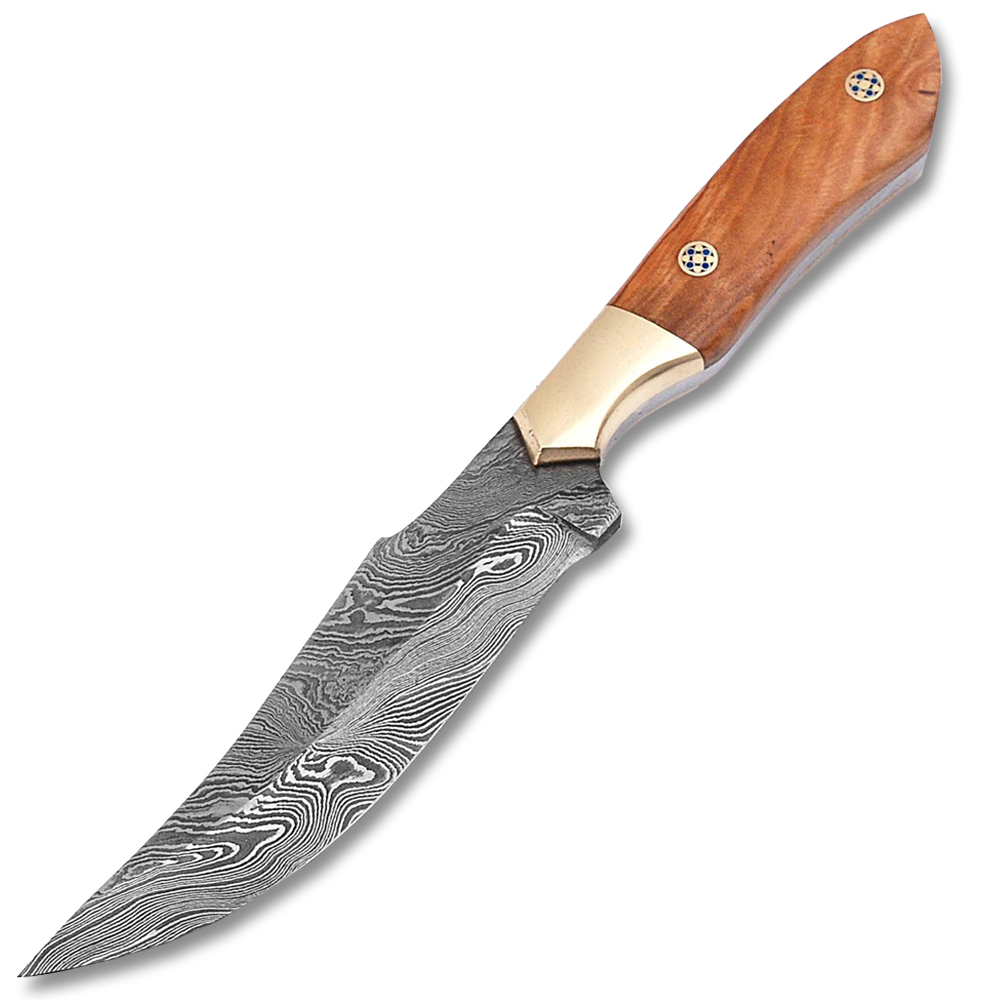 White Deer Damascus Steel Olive Wood Skiner Knife Brace Bolster