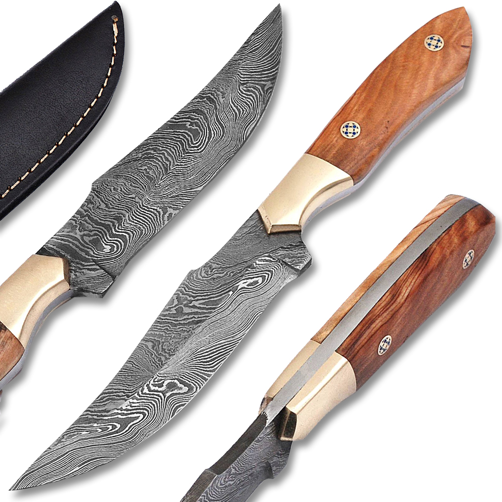White Deer Damascus Steel Olive Wood Skiner Knife Brace Bolster