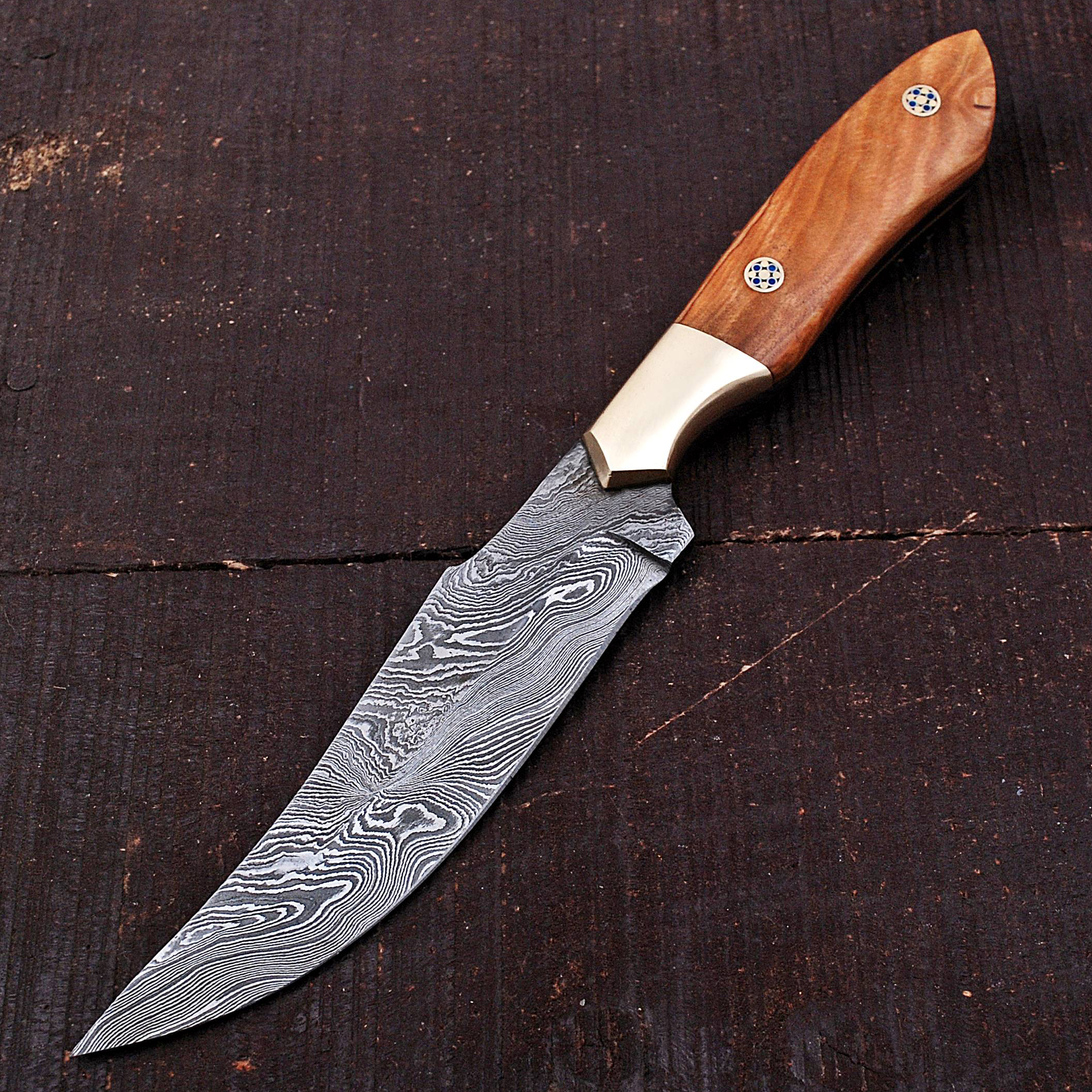White Deer Damascus Steel Olive Wood Skiner Knife Brace Bolster