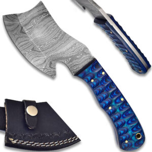 Mini Cleaver Knife Blue Frost Wood Grip Handle Damascus Steel Hand Forged