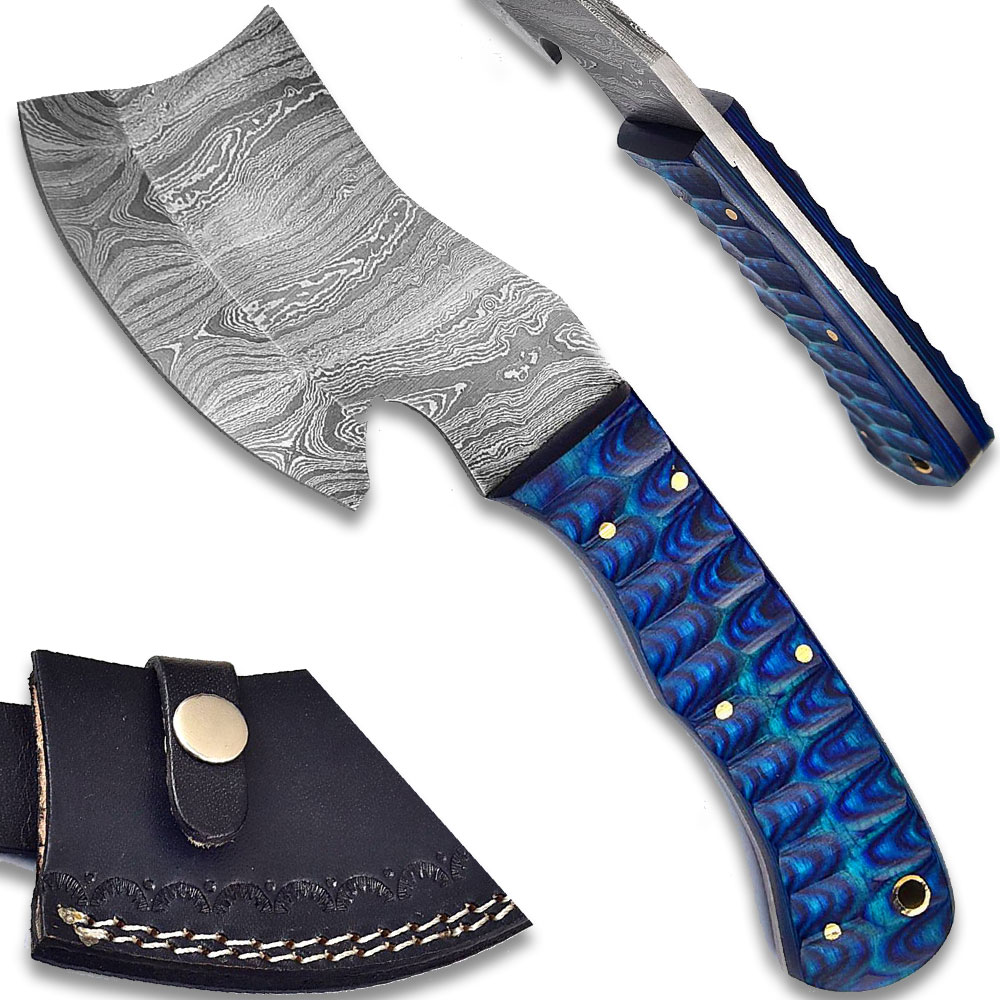 Mini Cleaver Knife Blue Frost Wood Grip Handle Damascus Steel Hand Forged