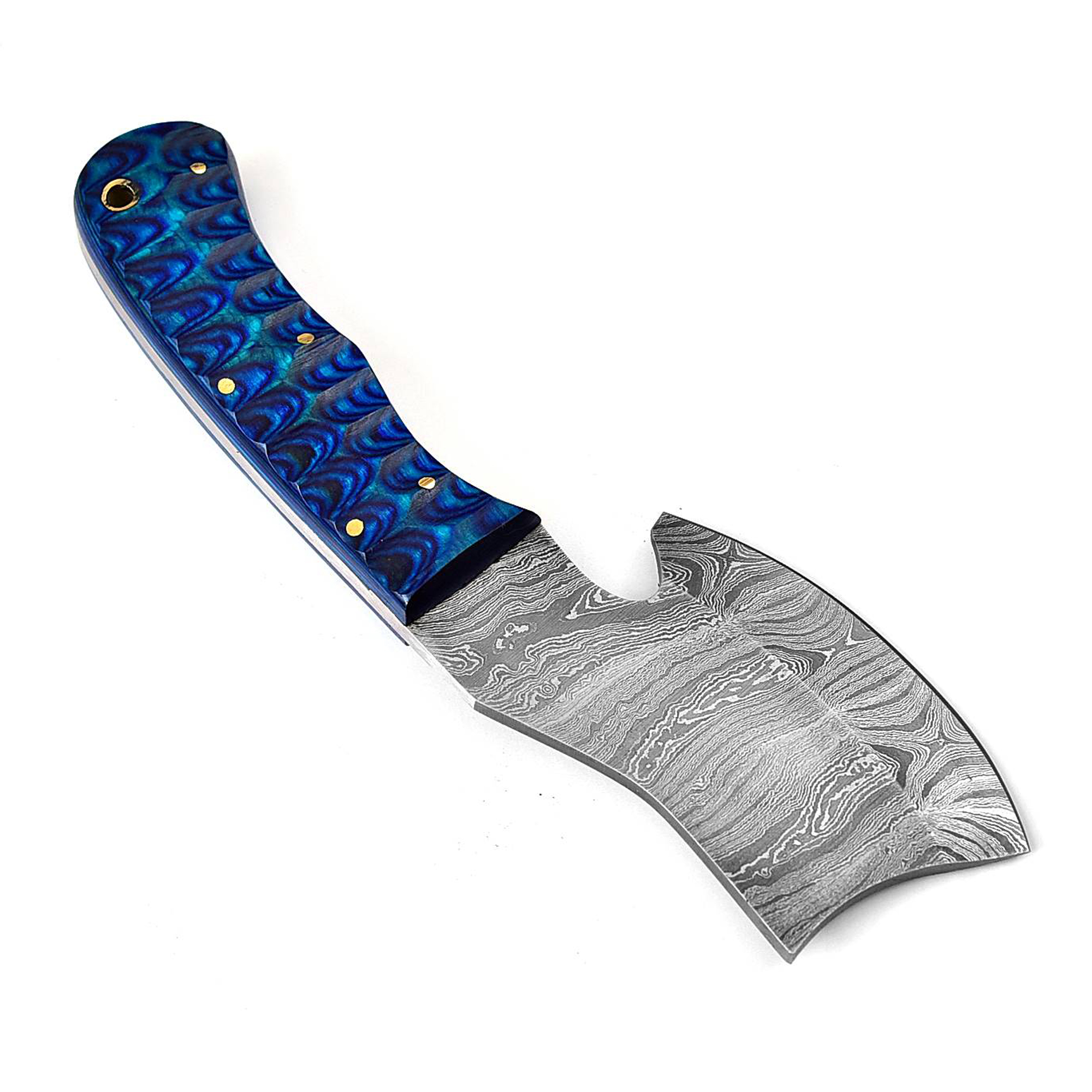 Mini Cleaver Knife Blue Frost Wood Grip Handle Damascus Steel Hand Forged