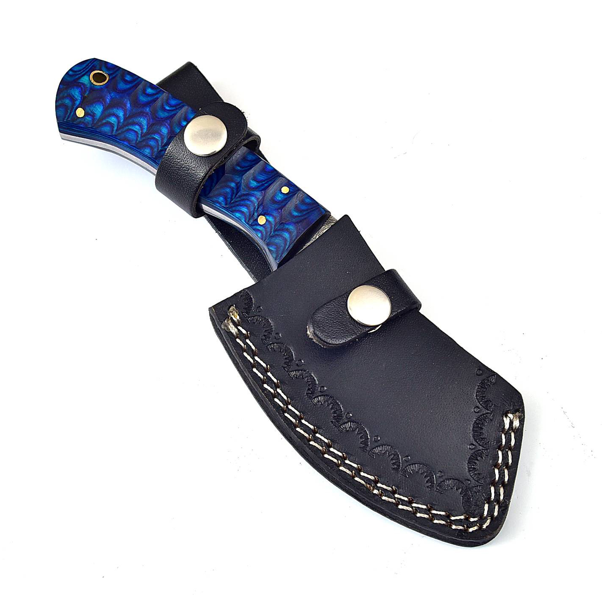 Mini Cleaver Knife Blue Frost Wood Grip Handle Damascus Steel Hand Forged