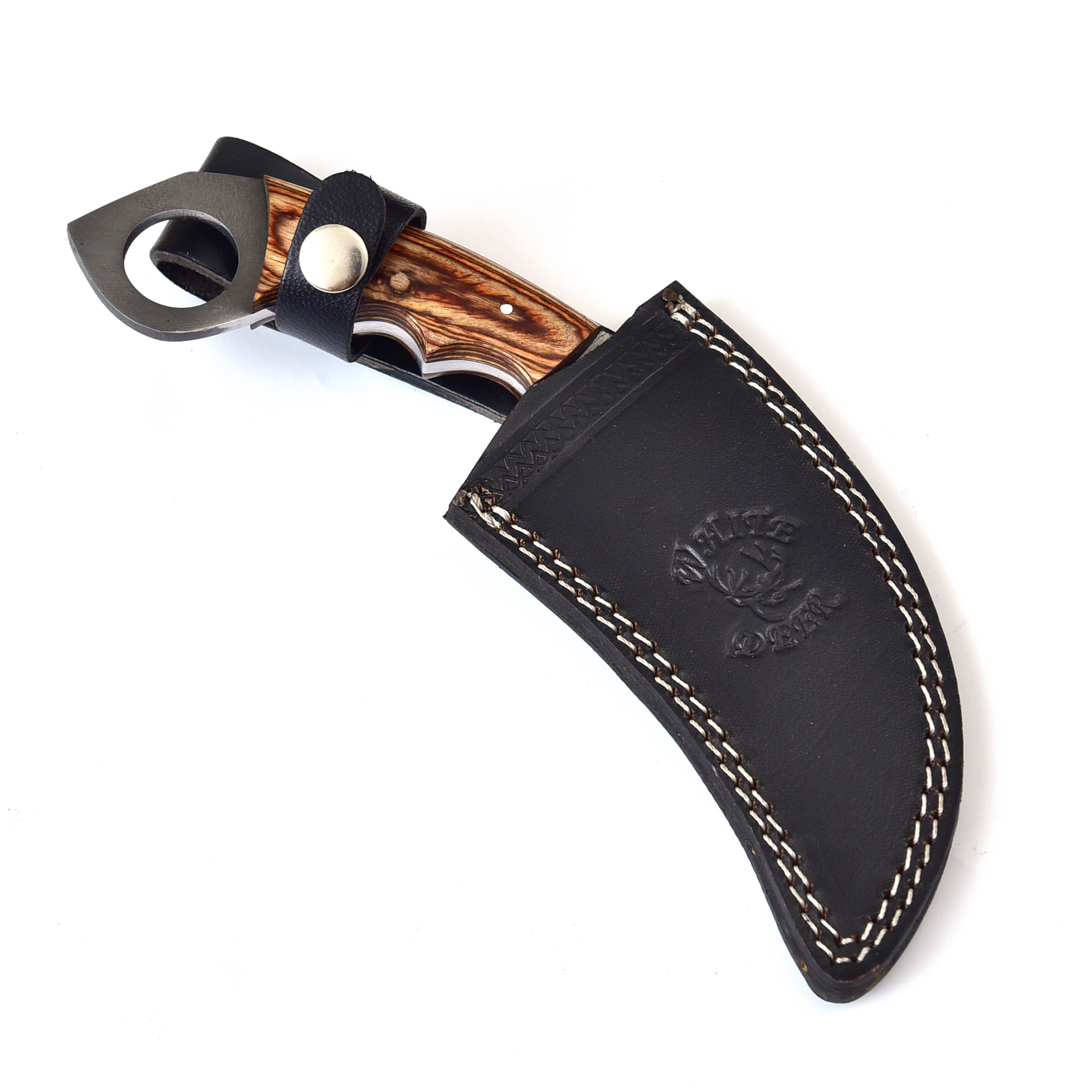 White Deer Damascus Karambit Knife Wood Handle & Beautiful Mosaic Pin