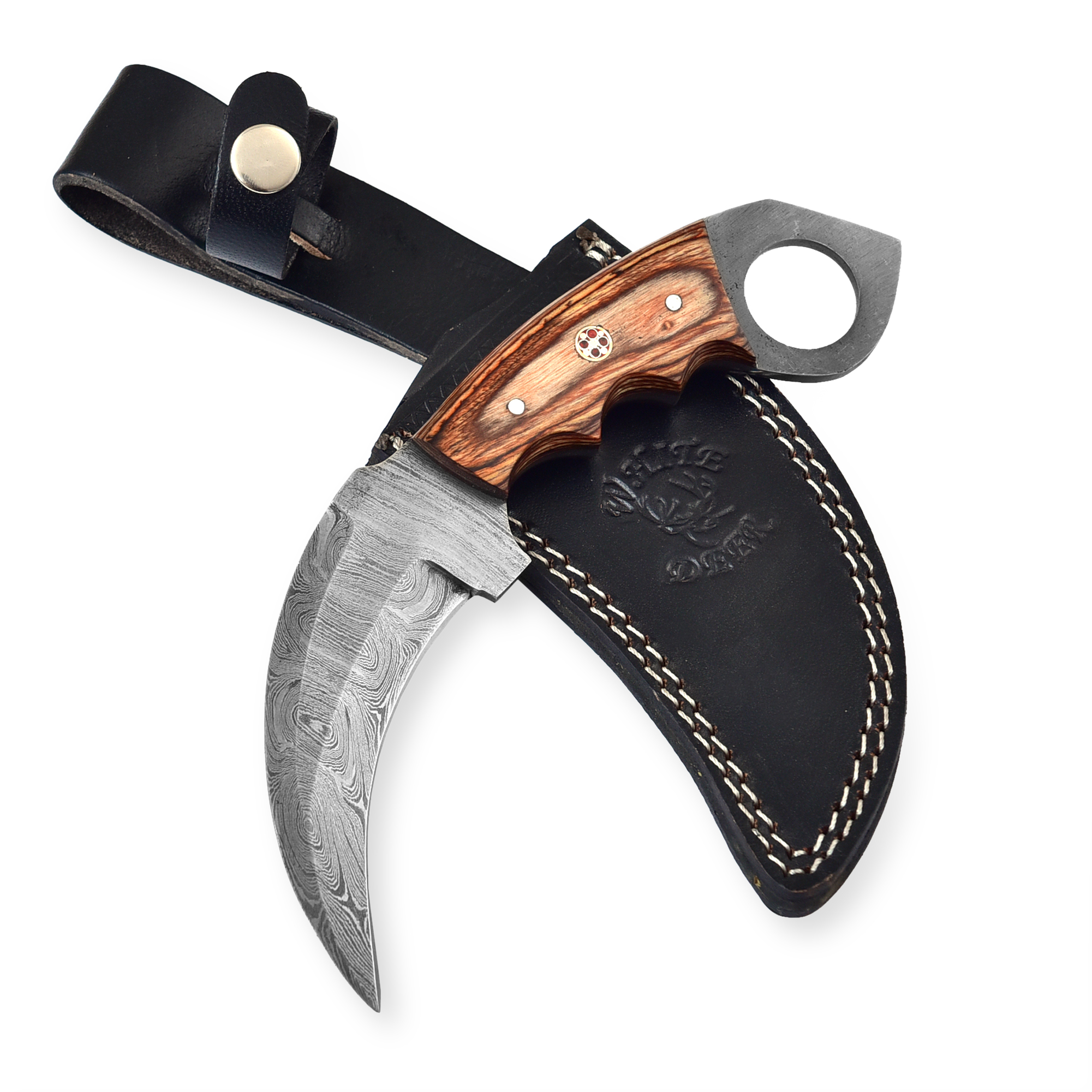 White Deer Damascus Karambit Knife Wood Handle & Beautiful Mosaic Pin