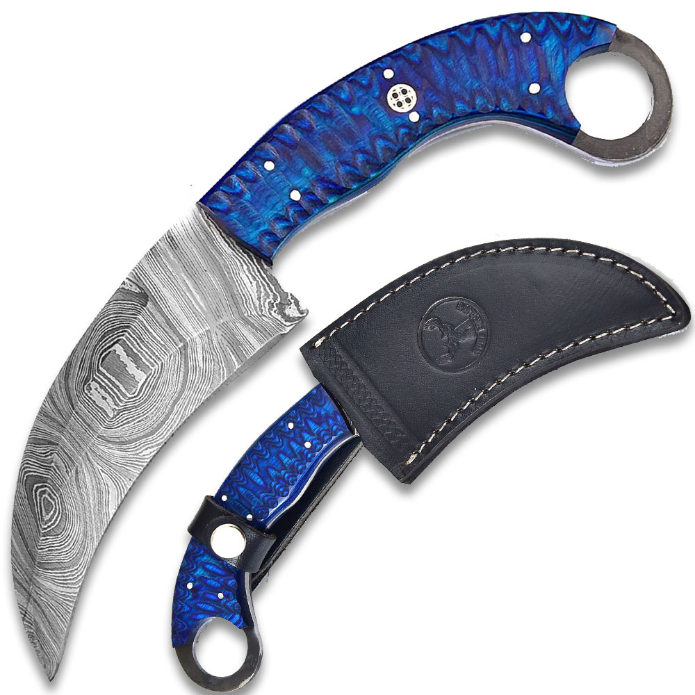 White Deer Custom Made Damascus Steel Karambit Knife Blue Wood Handle Beautiful Mosaic Pin