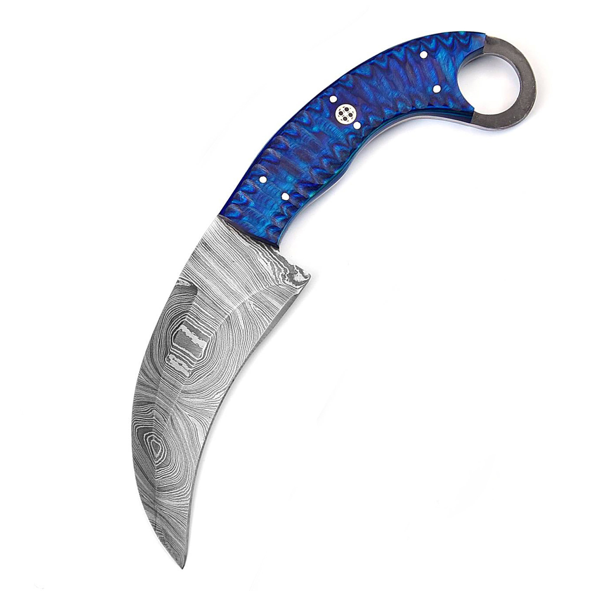 White Deer Custom Made Damascus Steel Karambit Knife Blue Wood Handle Beautiful Mosaic Pin