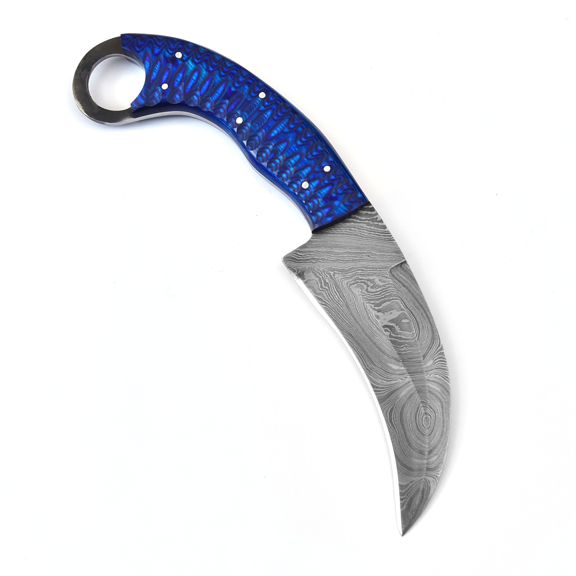 White Deer Custom Made Damascus Steel Karambit Knife Blue Wood Handle Beautiful Mosaic Pin