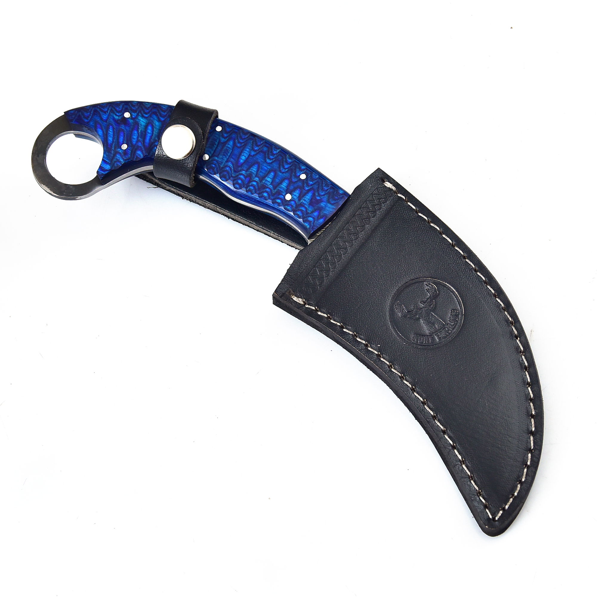 White Deer Custom Made Damascus Steel Karambit Knife Blue Wood Handle Beautiful Mosaic Pin