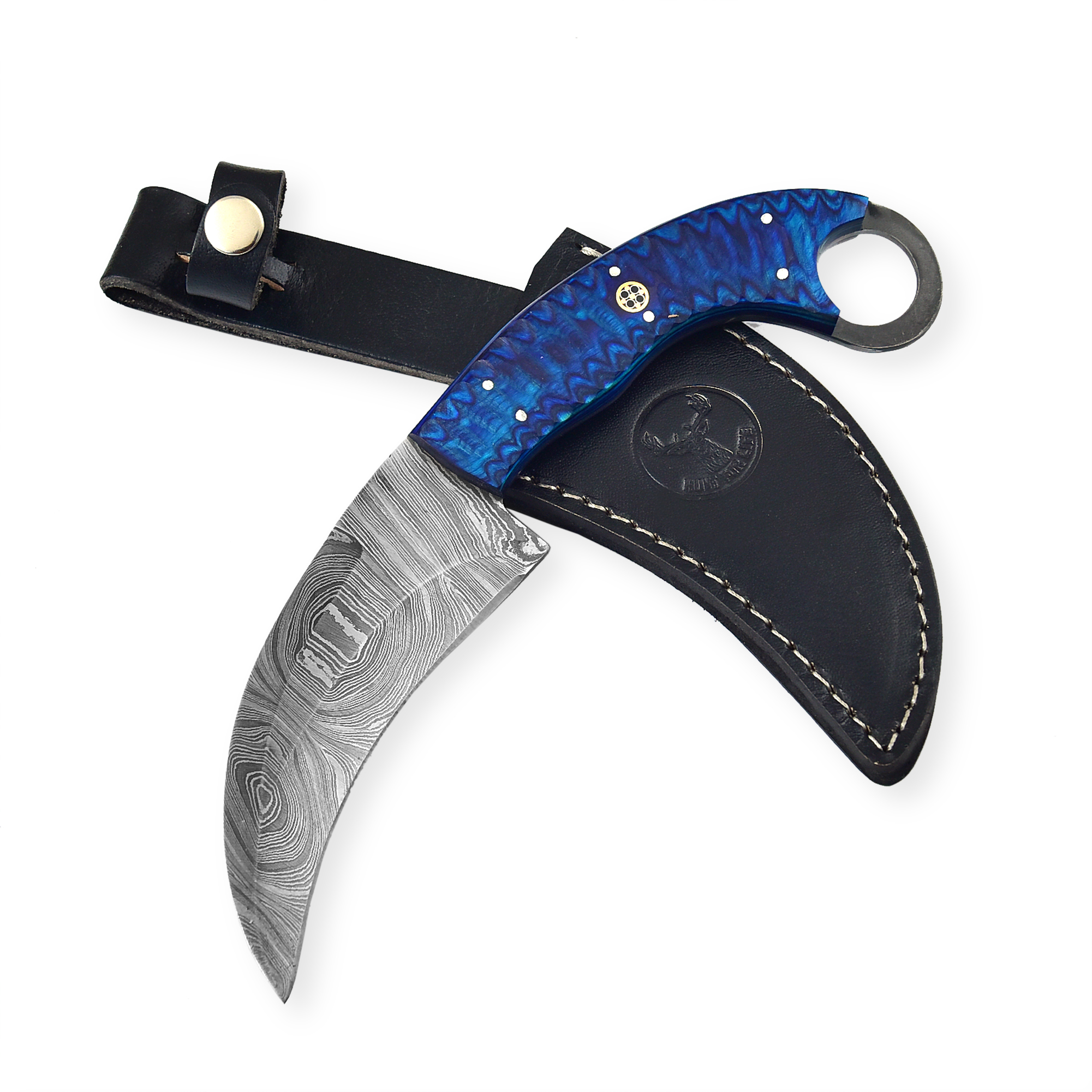 White Deer Custom Made Damascus Steel Karambit Knife Blue Wood Handle Beautiful Mosaic Pin