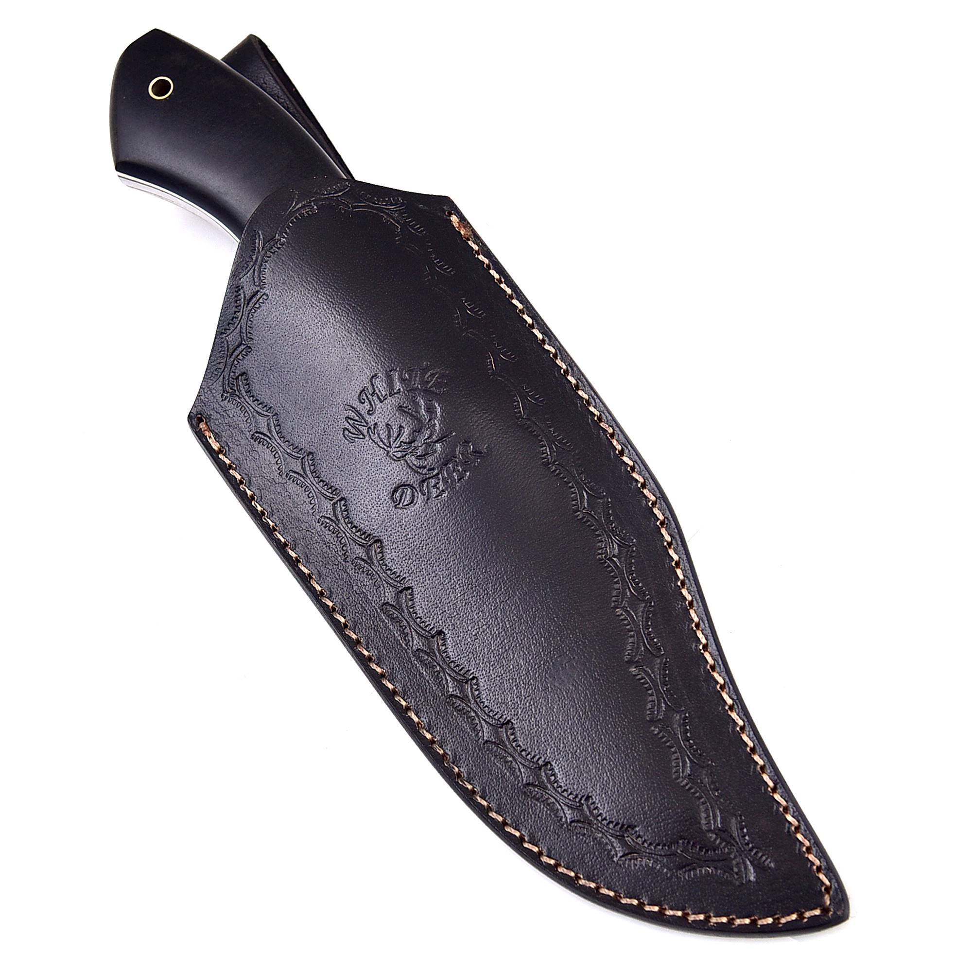 White Deer  Damascus Steel Knife Bison Hunter Micarta Black Handle