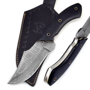 White Deer  Damascus Steel Knife Bison Hunter Micarta Black Handle