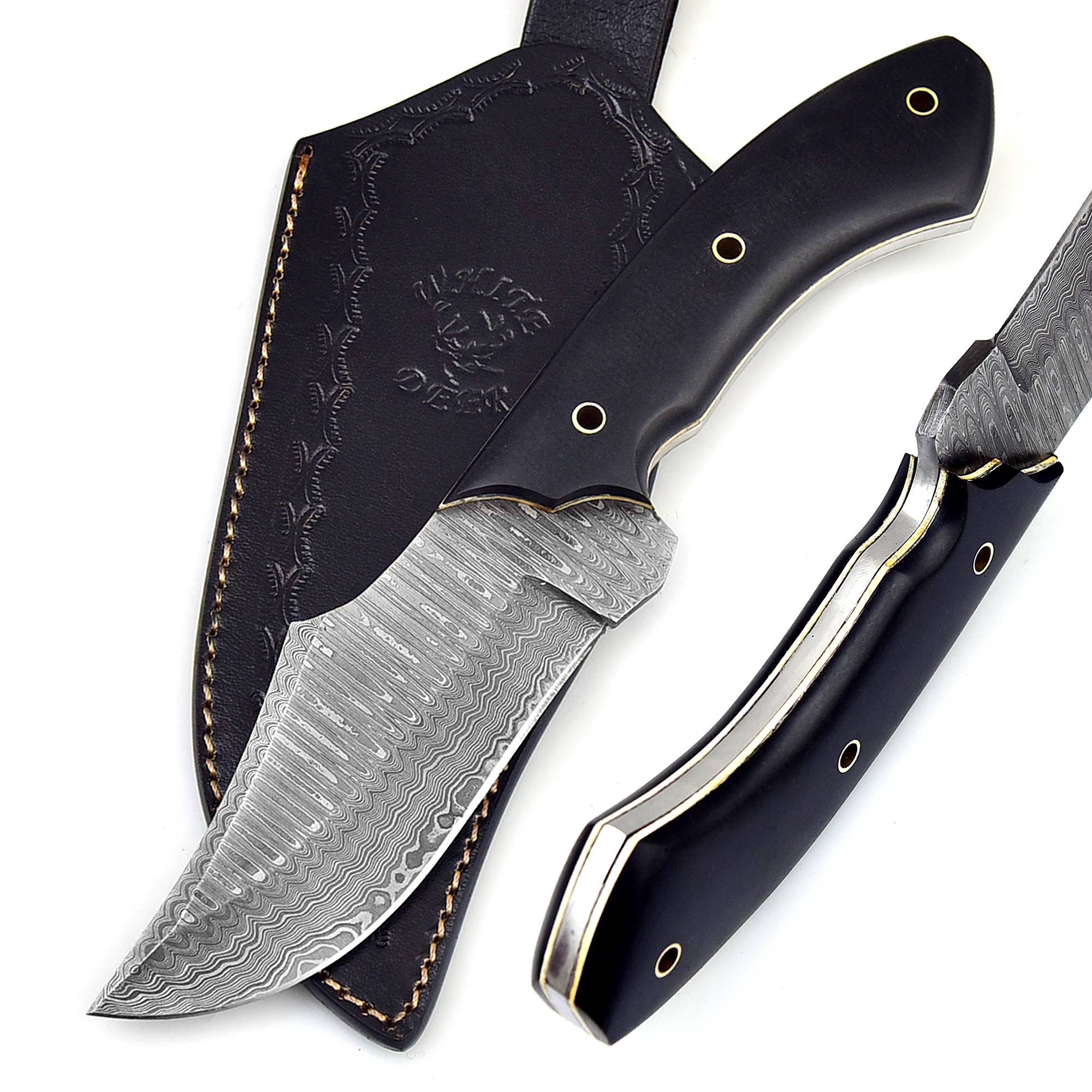 White Deer  Damascus Steel Knife Bison Hunter Micarta Black Handle