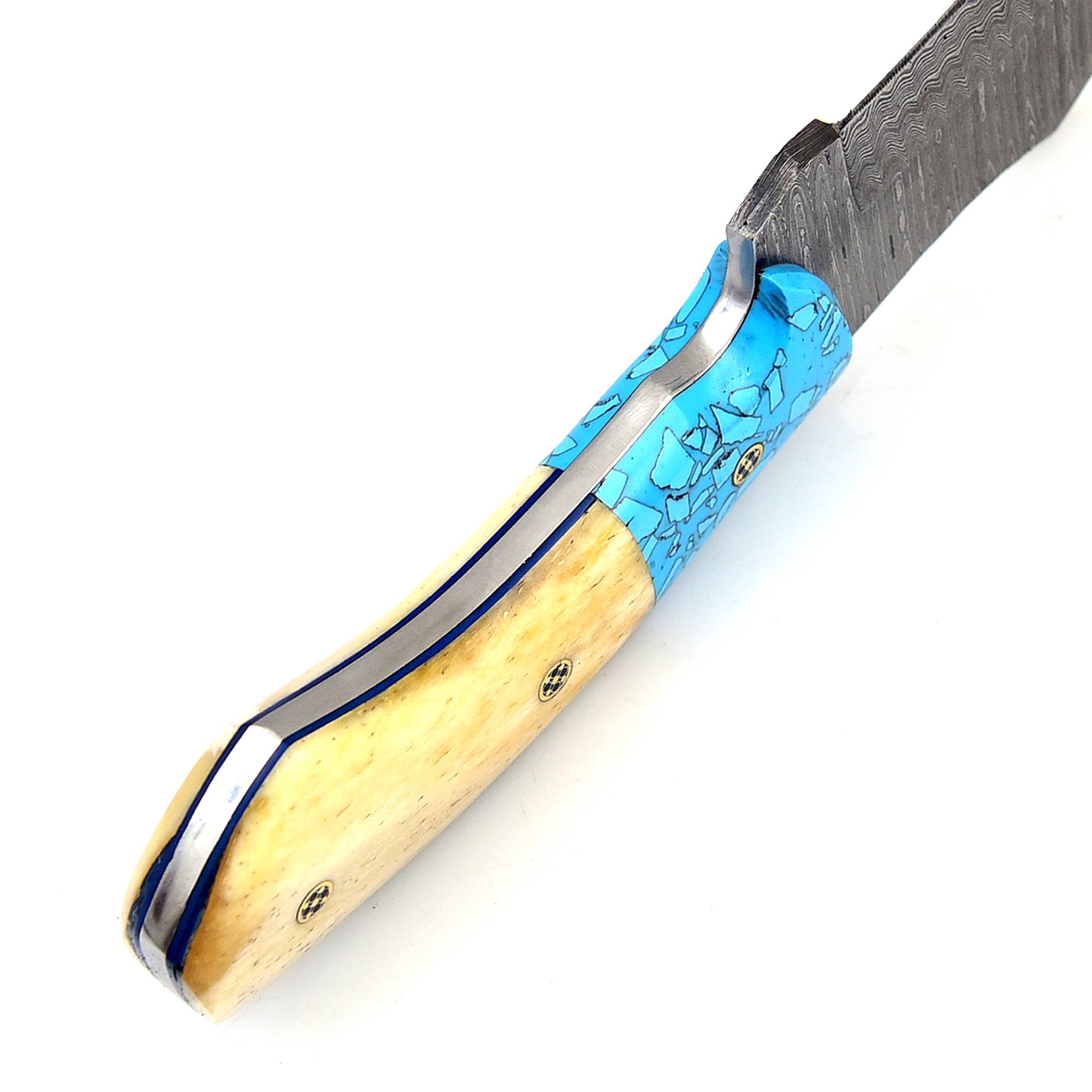 White Deer Damascus Steel Knife Bison Hunter w/Blue & White Camel Bone