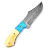 White Deer Damascus Steel Knife Bison Hunter w/Blue & White Camel Bone