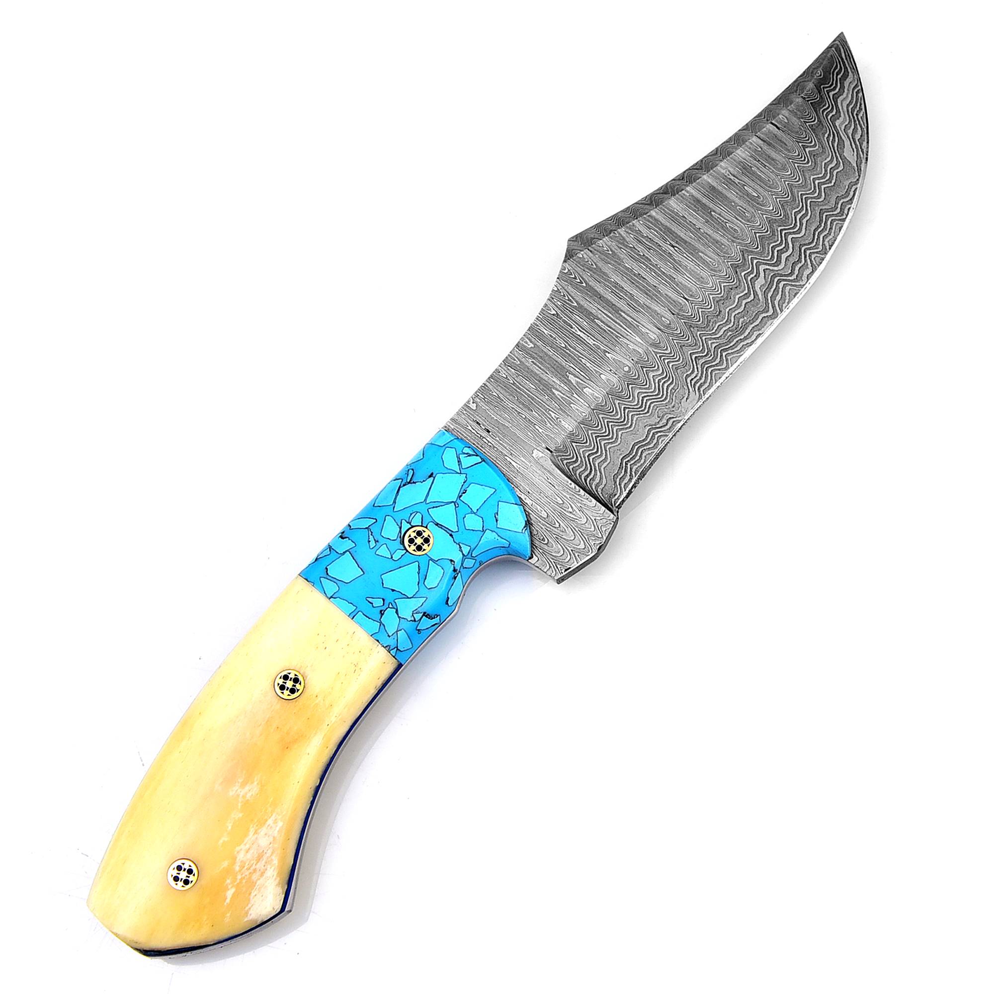 White Deer Damascus Steel Knife Bison Hunter w/Blue & White Camel Bone