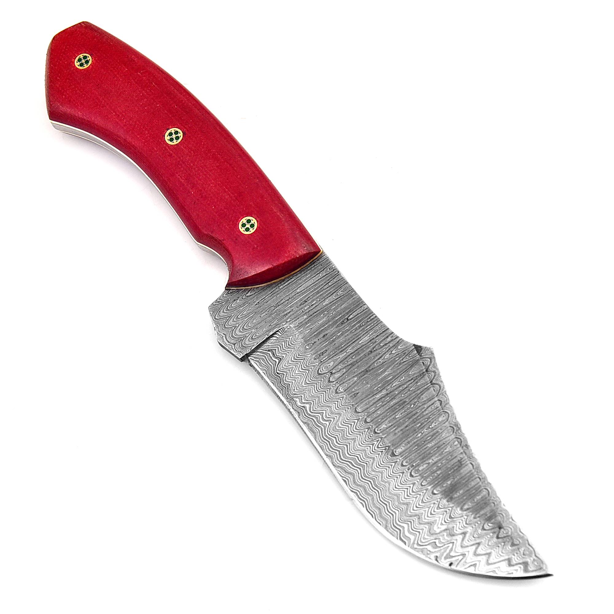 White Deer  Damascus Steel Knife Bison Hunter Micarta Red Handle